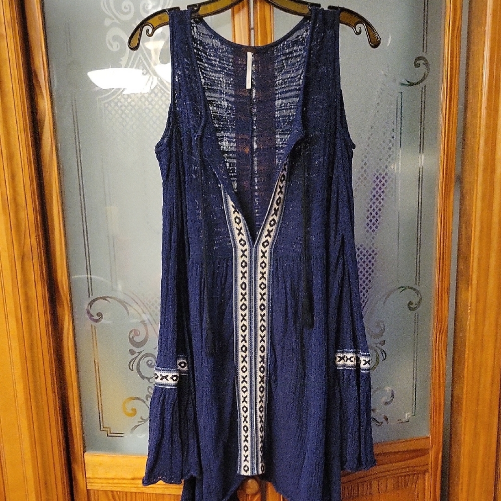 Free People Navy Blue Cold Shoulder Dress with White Accents